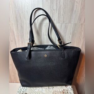 Tory Burch York Buckle Tote Bag Black Saffiano Leather with Gold Accents
